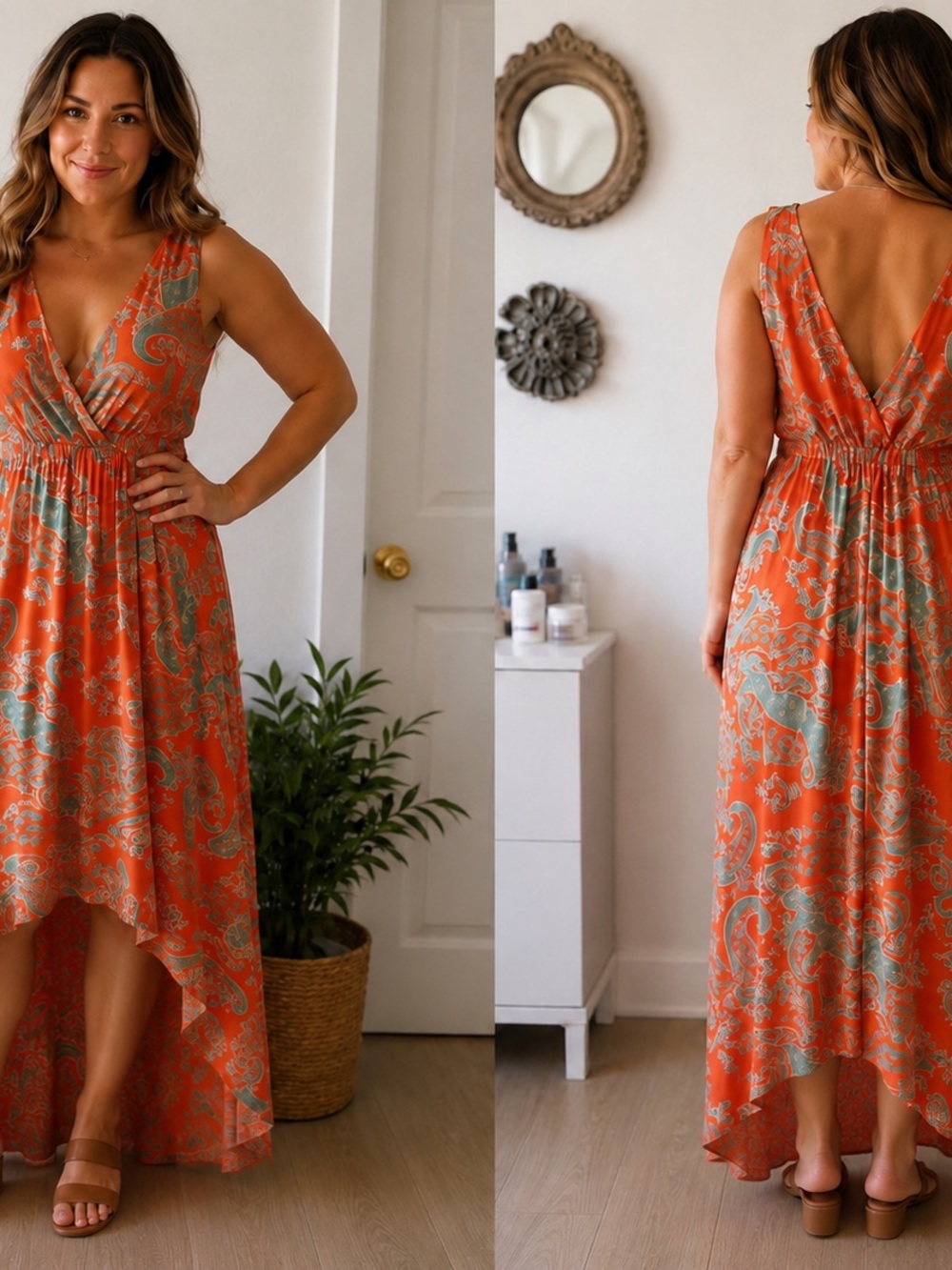 Sleeveless Orange Paisley High-Low Maxi Dress